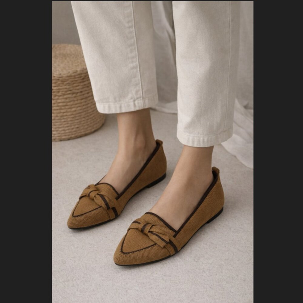 Women’s Pointed Knit Loafers in Brown with Black Trim